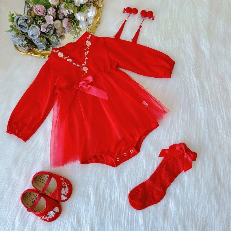满月婴儿衣服女孩夏季红色百日宴公主裙女宝宝一周岁礼服秋季长袖