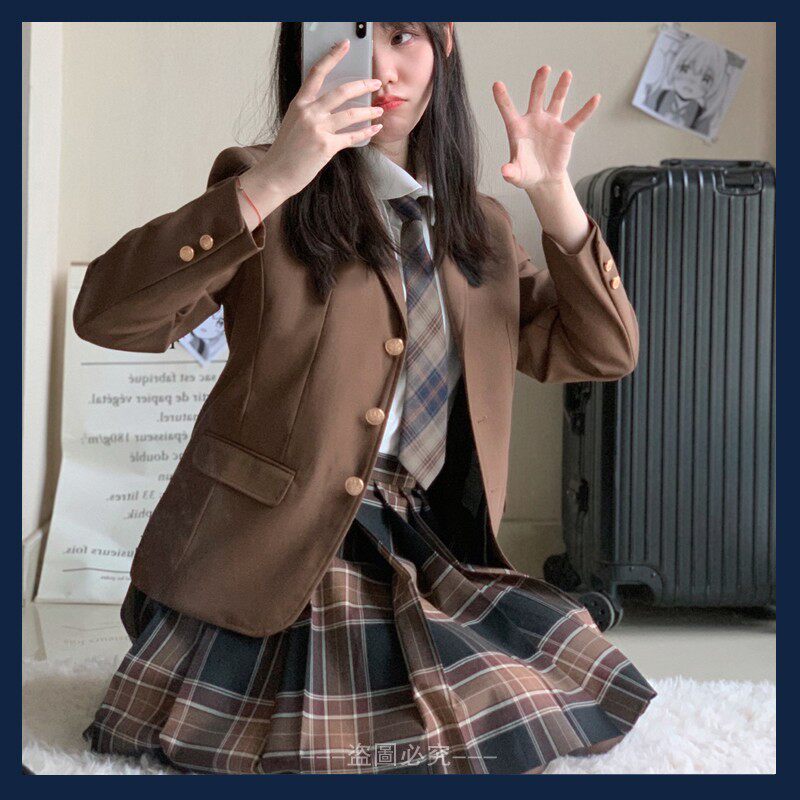 圣卡特茶西jk外套秋冬西服学生麻衣学姐两扣三扣徽章茶色西装女
