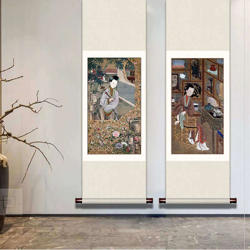 雍正十二美人图古代美女人物玄关客厅装饰画卷轴挂画茶室丝绸卷轴
