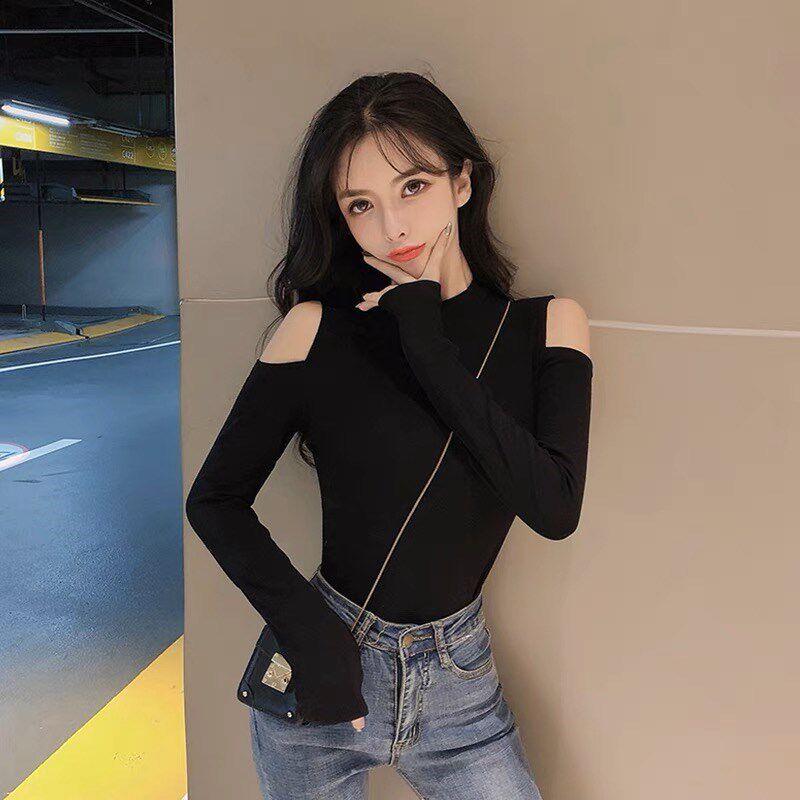 露肩性感上衣女黑色打底衫2023秋冬洋气内搭修身显瘦镂空圆领T恤