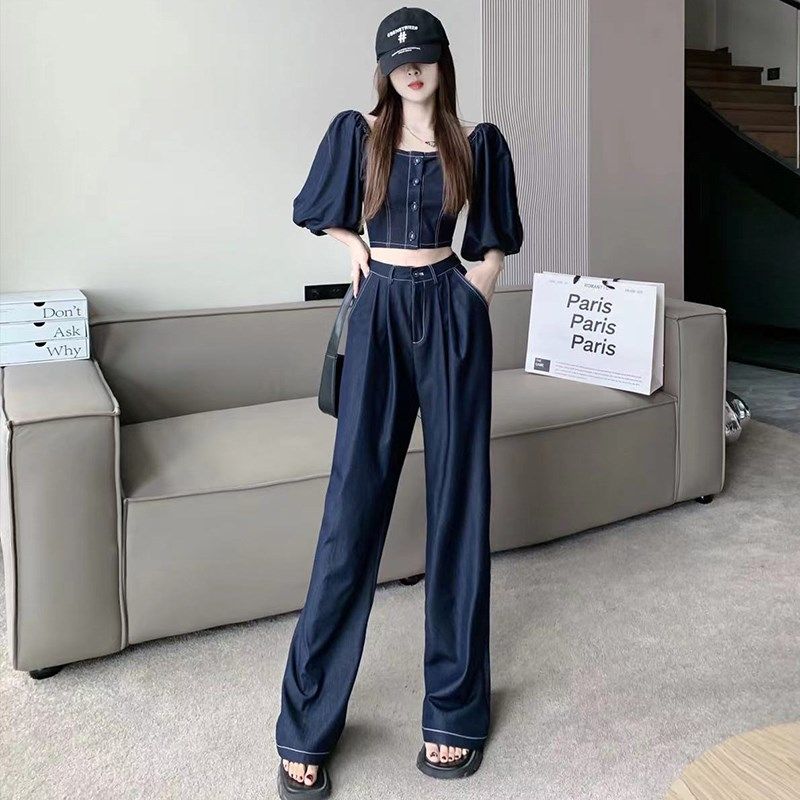 高级感时尚薄款套装2024夏季一字肩短款上衣高腰阔腿显瘦休闲裤女