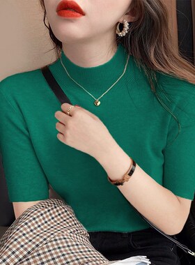 大码中袖打底衫女春秋冬内搭半高领毛衣红色上衣洋气五分袖针织衫