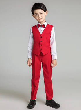男童小西服男孩马甲套装儿童礼服钢琴演出服模特走秀表演服装红色