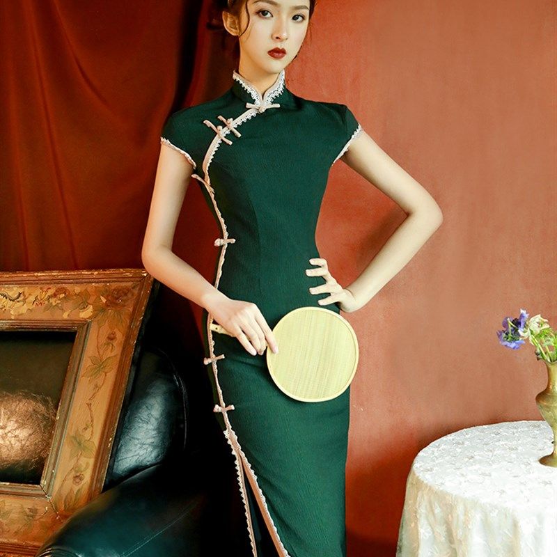 改良版旗袍少女新式复古时尚中国风绿色连衣裙短款夏季日常生活装