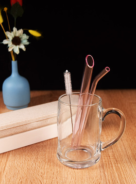 粉红色玻璃吸管珍珠奶茶粗斜口直管加厚果汁饮料弯管耐热环保套装