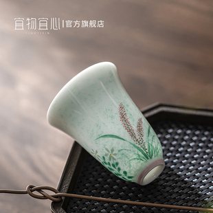 宜物宜心白瓷手绘闻香杯仿古陶瓷主人杯中式茶杯家用釉下彩品茗杯