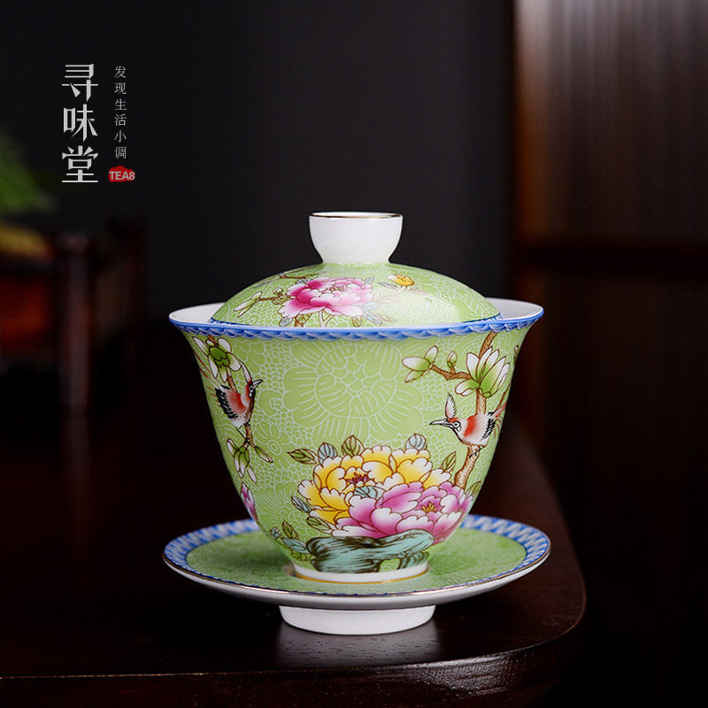 仿古扒花盖碗鸟语花香白瓷珐琅彩三才碗粉彩茶碗泡茶杯家用茶具