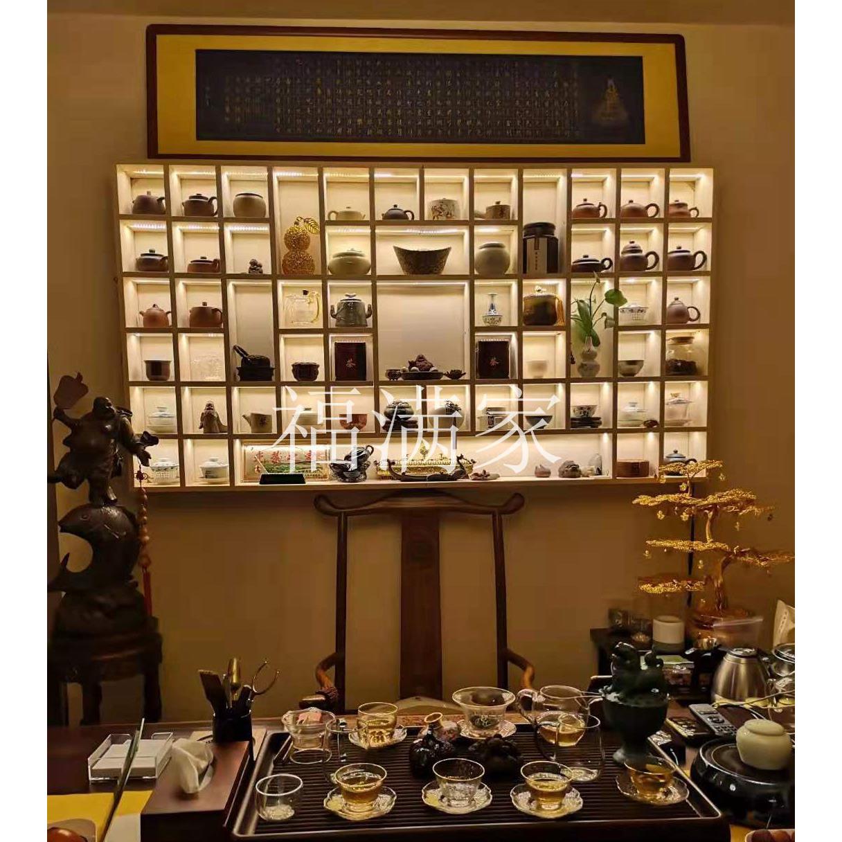 定做带灯光实木格子架茶壶架展示架壁挂展示柜博古架多宝阁格子柜
