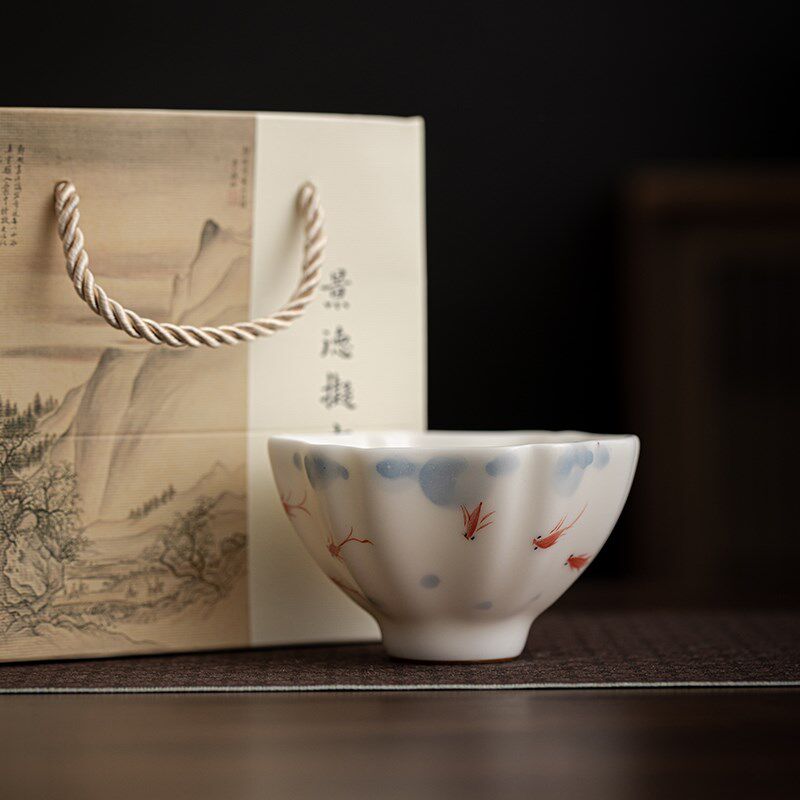 白汝窑手绘小鱼个人喝茶杯茶盏主人杯瓷开片茶杯功夫茶具