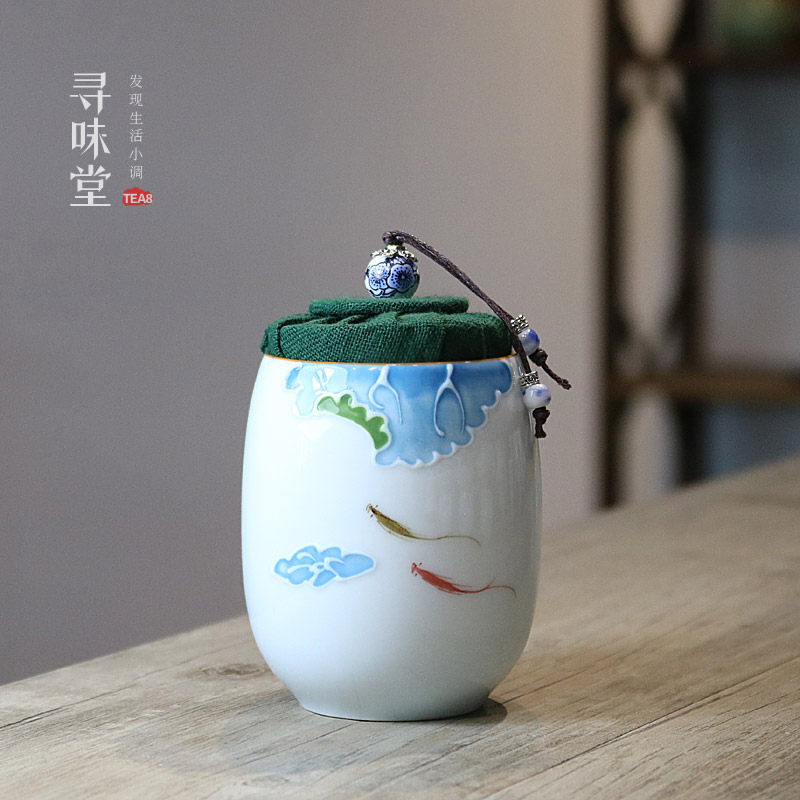 浮雕手绘茶叶罐精致甜白瓷小号茶茶叶罐