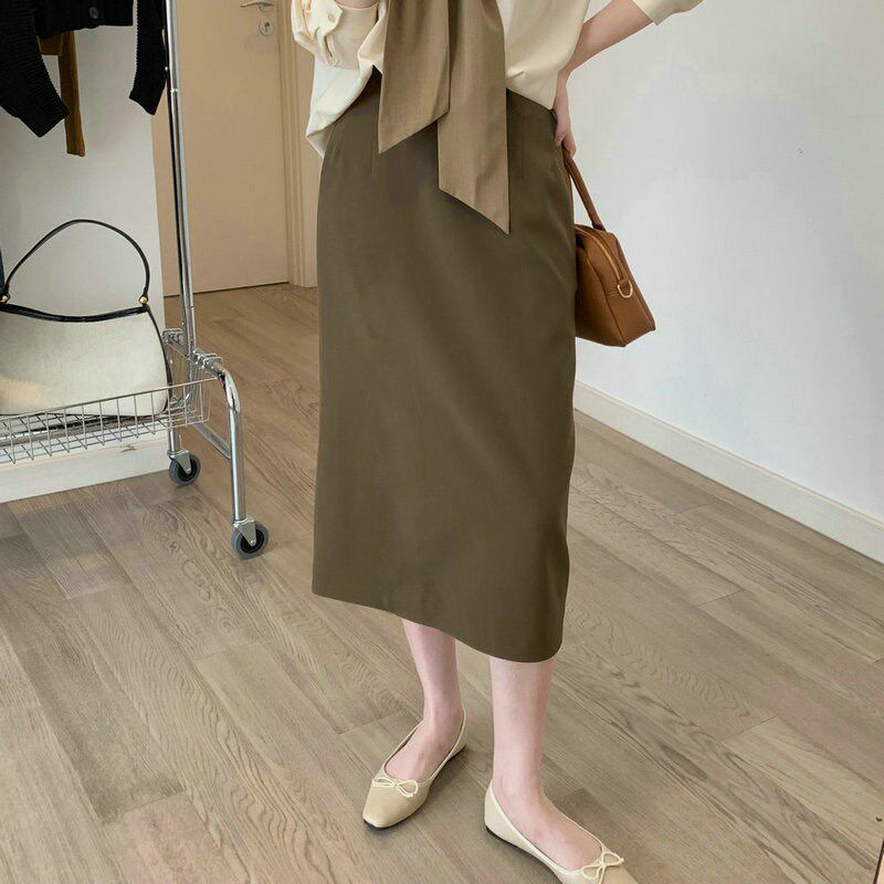 秋冬黑色西装直筒后开叉一步裙小黑裙女中长款半身裙大码显瘦百搭