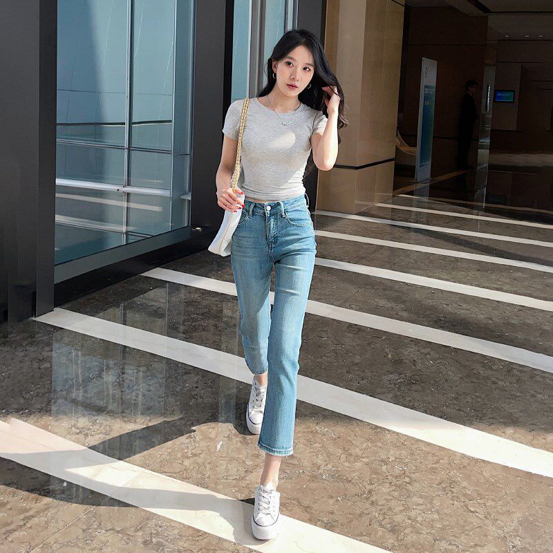 小个子小直筒牛仔裤子女八九分裤子浅蓝色弹力高腰显瘦春季裤子新