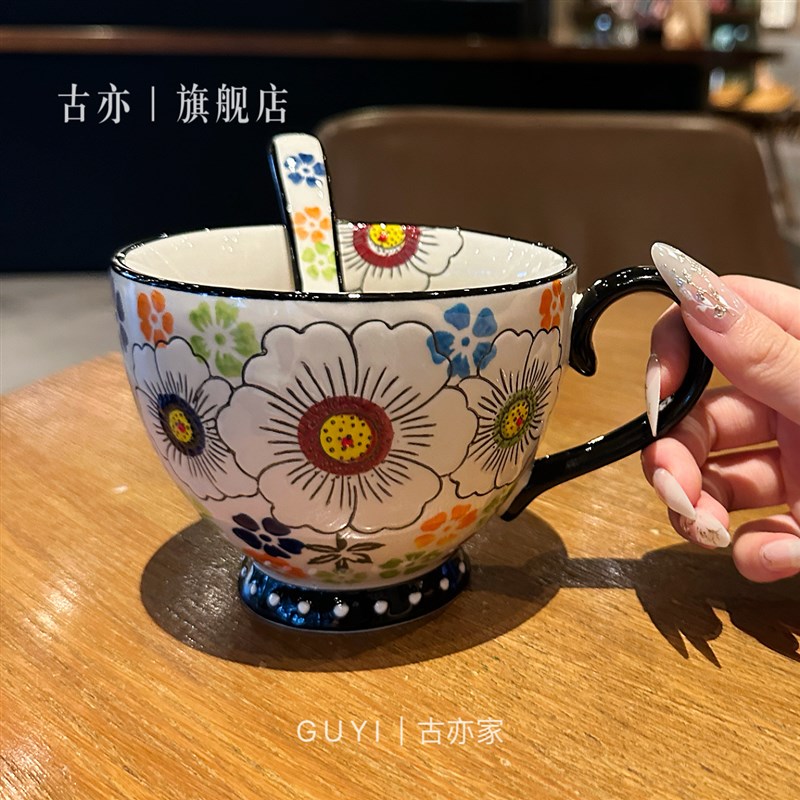 带勺超大容量早餐杯~波兰彩马克杯陶瓷杯复古高颜值早餐杯咖啡杯