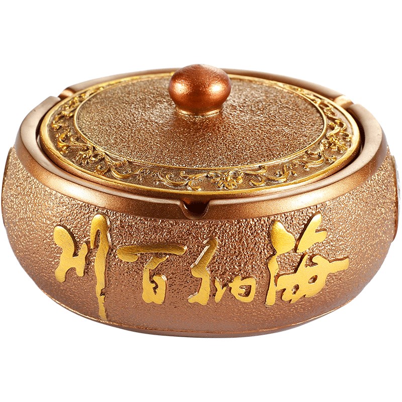 烟缸带盖中古风茶几中式复古铜质烟灰缸五牛图浮雕带盖装饰品摆件