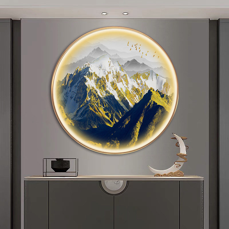 新中式挂画圆形玄关装饰画办公室靠山禅意山水客厅背景墙壁画带灯
