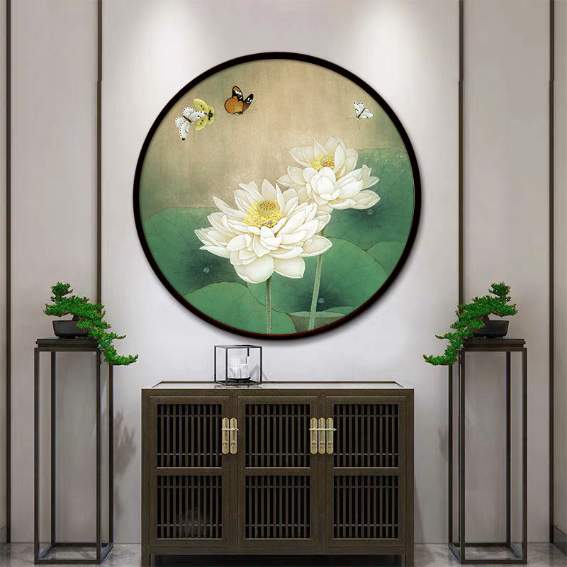 荷花装饰画圆形挂画新中式客厅玄关图墙面背景墙茶室禅意莲花壁画