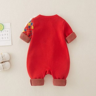 婴儿过年衣服红色中国风喜庆满月爬服男女宝宝龙年拍照连衣毛衣