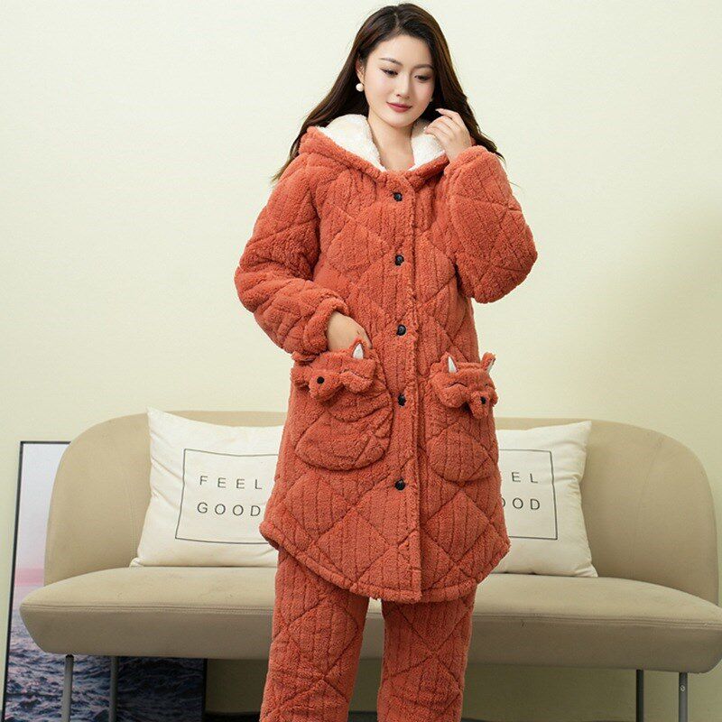 冬季睡衣女加绒加厚卡通可爱三层夹棉保暖中长款珊瑚绒家居服套装