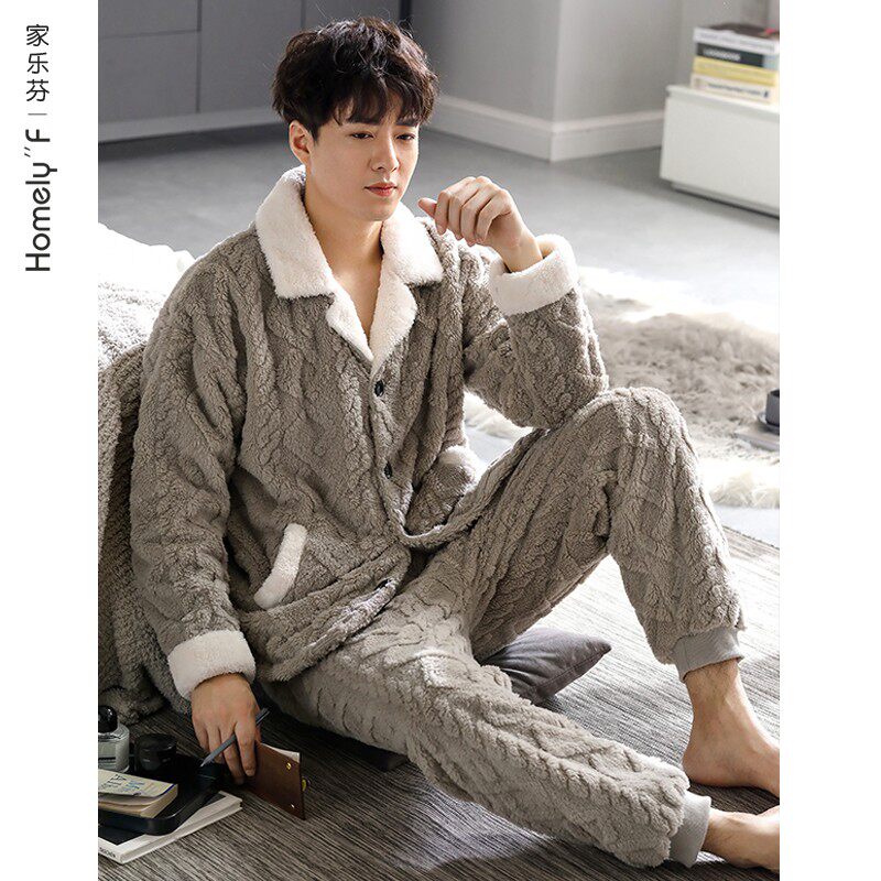 男款睡衣男士冬季法兰绒加厚加绒珊瑚绒家居服秋冬款冬天大码套装