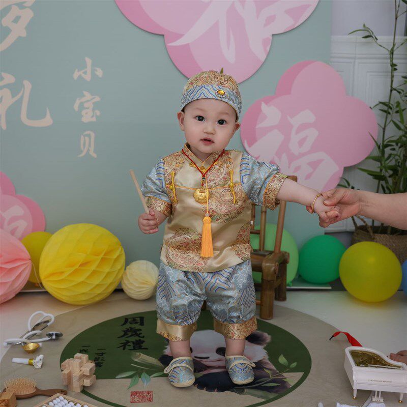 一周岁礼服宝宝夏季生日宴服男童新中式抓周百岁冠衣婴儿国风套装