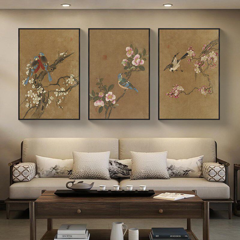 客厅背景墙装饰画复古花鸟国画竖版茶室中古风挂画餐厅玄关仿古画