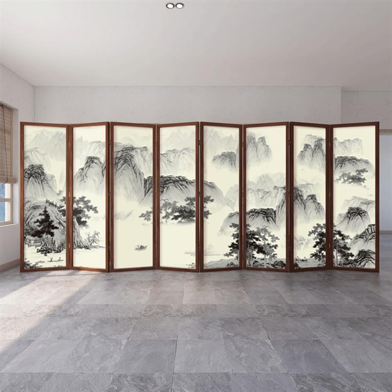 新中式实木折叠移动屏风隔断办公室酒店大厅茶室不透山水画可定制
