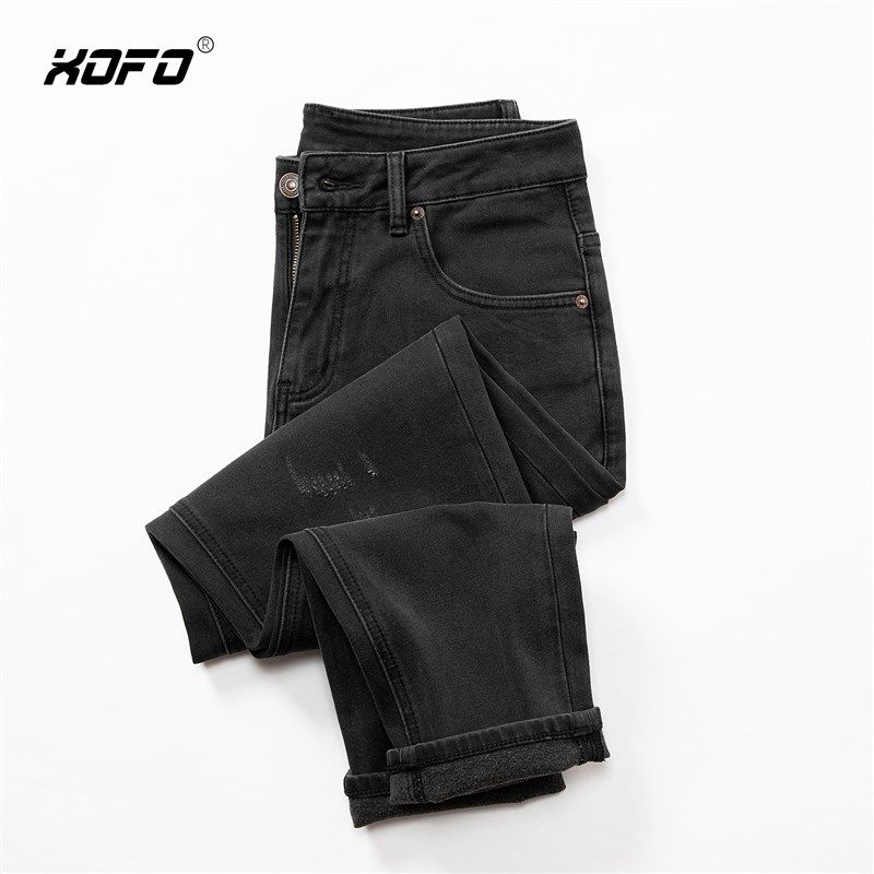 发热面料秋冬款黑色磨烂工艺保暖简约休闲直筒宽松加绒牛仔裤男款