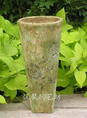 花瓶 花插 粗陶做旧透气陶艺陶盆 绿色复古花器 田园风格台面花盆