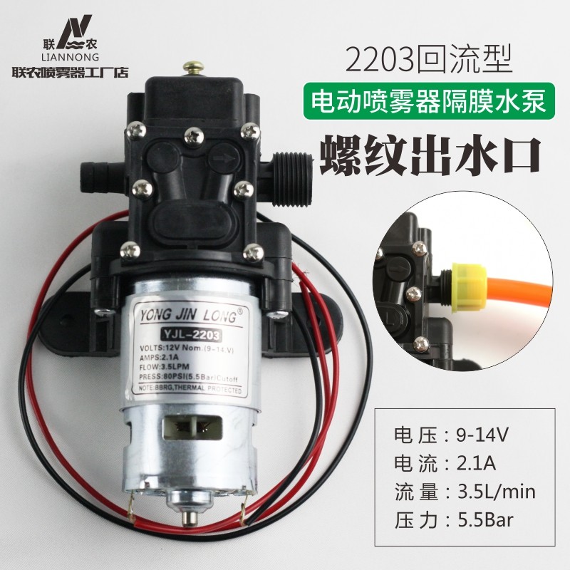 2203型螺纹出水口电动喷雾器隔膜泵 电机配件铜线自吸泵12V水泵