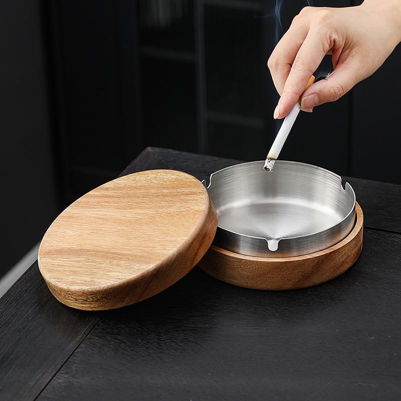 实木带盖烟灰缸防飞灰不锈钢家用仿古客厅卧室茶几复古灰缸时尚