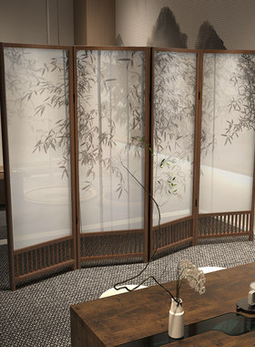 中式墨竹古典实木屏风隔断客厅玄关办公室酒店大堂可移动栅栏折屏