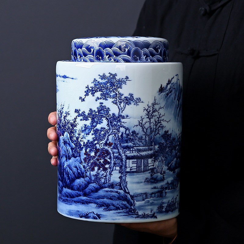 青花瓷茶叶罐大号珐琅彩五斤装复古陶瓷普洱白茶储存罐密封礼盒装