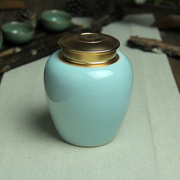 精品龙泉青瓷大码锡罐手工茶叶罐陶瓷紫砂大号茶具精品普洱密封罐