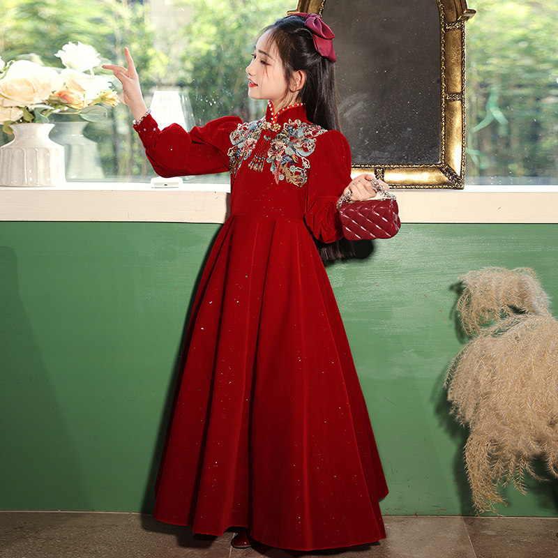 儿童礼服红色秋冬国风女童高端公主裙小主持人新年旗袍中式连衣裙