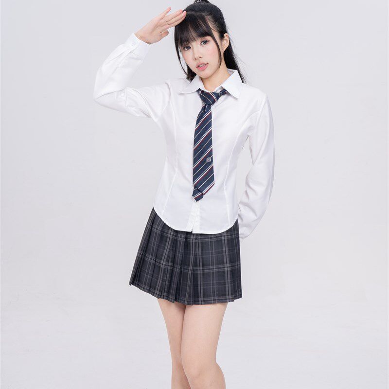 【刺篇】小川JK学院风收腰长袖衬衫韩式修身衬衣女百褶裙套装新款