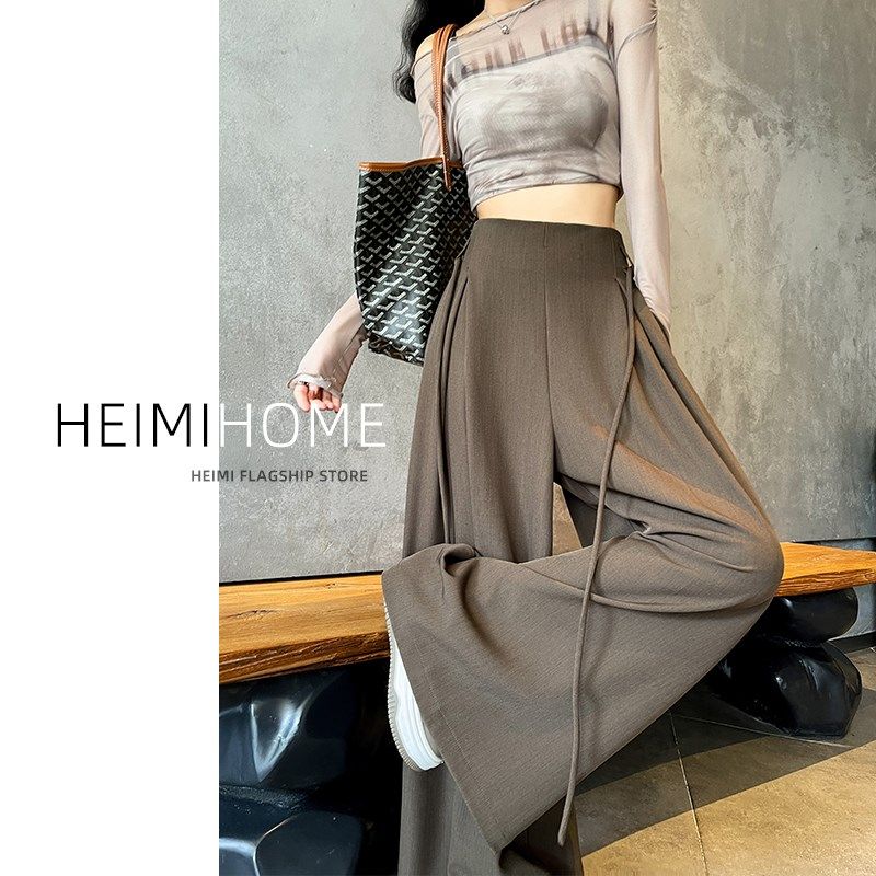 灰色西装阔腿裤女春秋高级感拖地大裤脚长裤宽松垂坠感绑带休闲裤