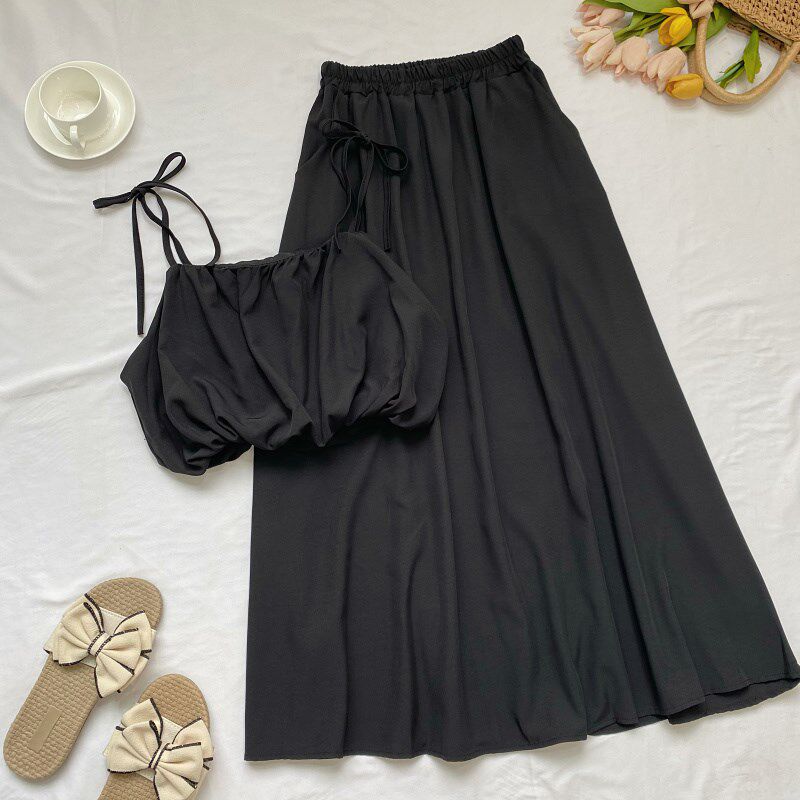 夏季百搭系带花苞短款吊带背心上衣+松紧腰中长款半身裙两件套女