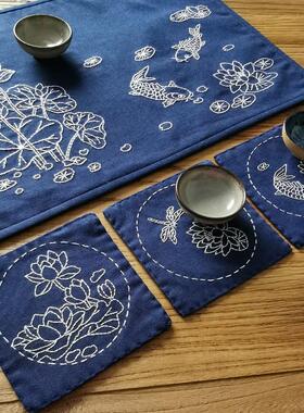 刺绣手工diy初学自绣材料包制作茶席垫布艺棉麻隔热杯垫方形壶垫