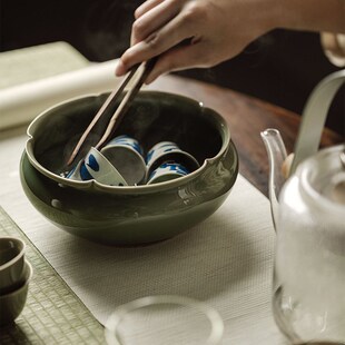 庭野堂越窑青瓷小碎花花瓣建水异性花口茶洗功夫茶具茶道配件水盂