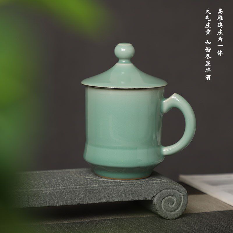 龙泉市李巧强青瓷手工茶杯陶瓷办公杯带盖泡茶杯中式会议大号水杯