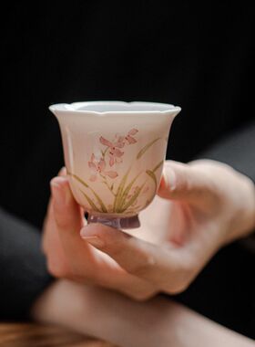夏禾茶具纯手绘兰花主人杯手工陶瓷花口茶杯家用品茗杯聚香闻香杯