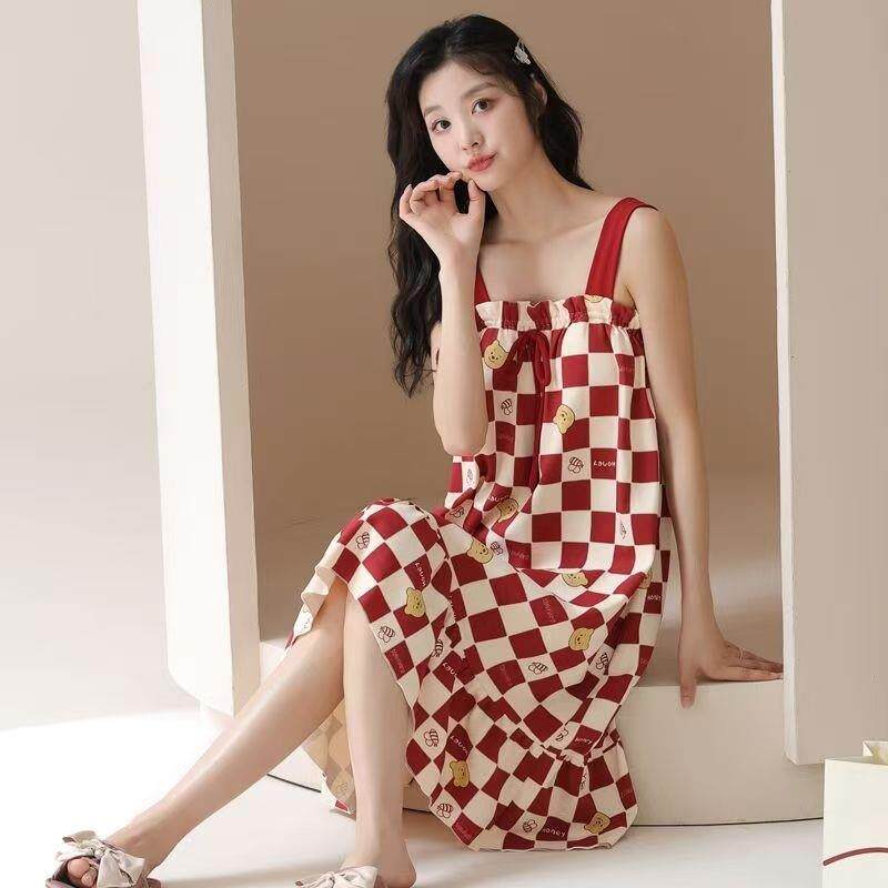 吊带睡裙女士夏季天薄款带胸垫可爱女生中长版睡衣家居服格子印花