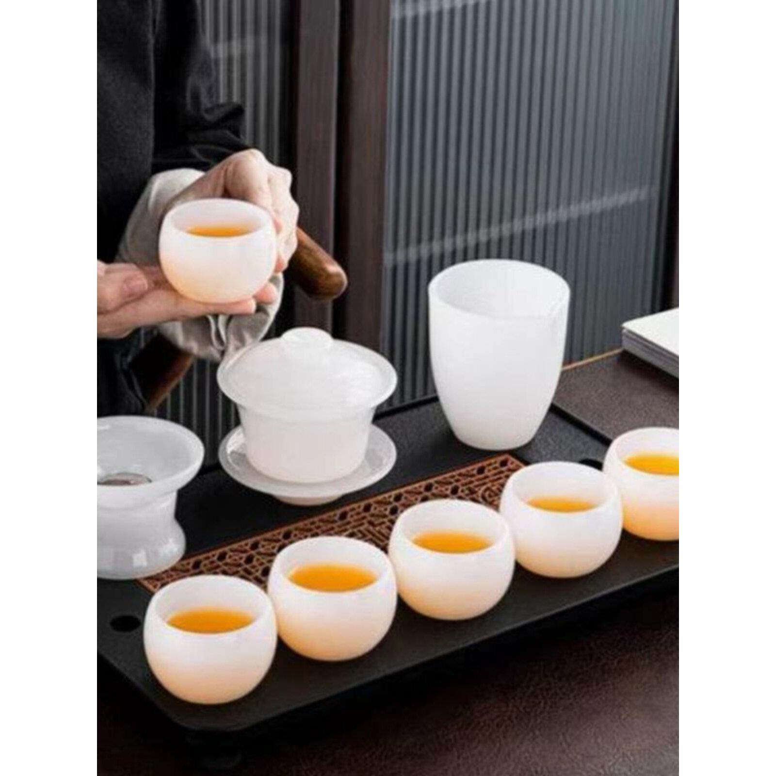 羊脂白玉茶具中国风玉石茶壶琉璃茶杯纯白玉瓷盖碗杯子整套装礼盒