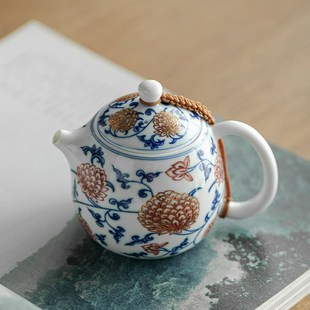 青花釉里红金刚莲龙旦壶茶壶泡茶家用陶瓷茶壶球孔过滤单壶个人用