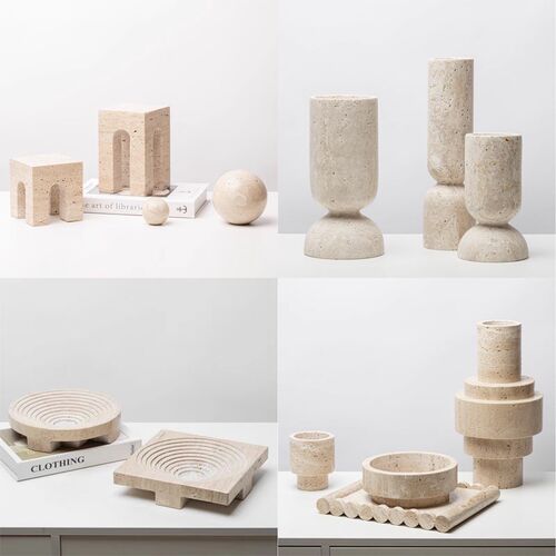 侘寂风大理石花瓶摆件样板间客厅售楼部黄洞石花器托盘果盘装饰品