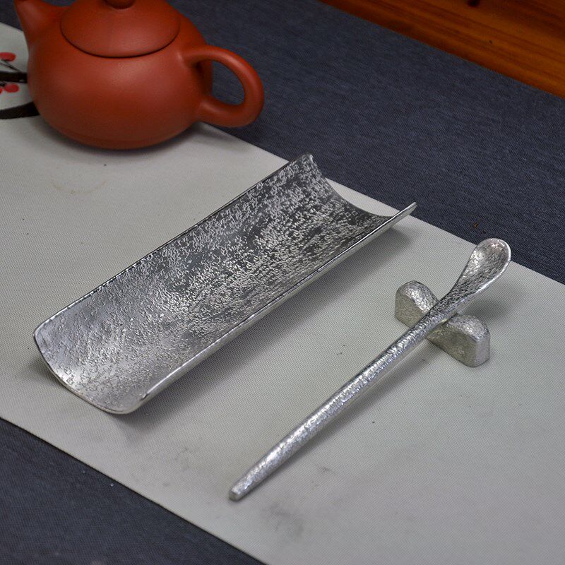 匠人朱斌全手工纯锡岩纹茶则茶匙茶枕中式复古茶勺茶铲茶荷功夫茶