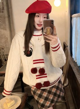 cuwu小黑猫刺绣圣诞红色新年毛衣女秋冬宽松显瘦围巾加厚针织上衣