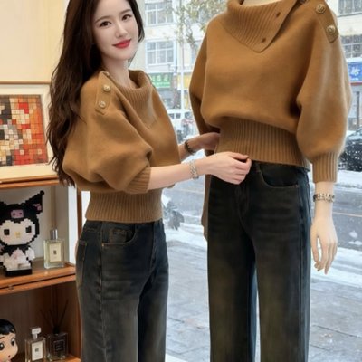 时尚轻熟风翻领泡泡袖毛衣女装2025秋冬新款洋气氛围感针织衫上衣