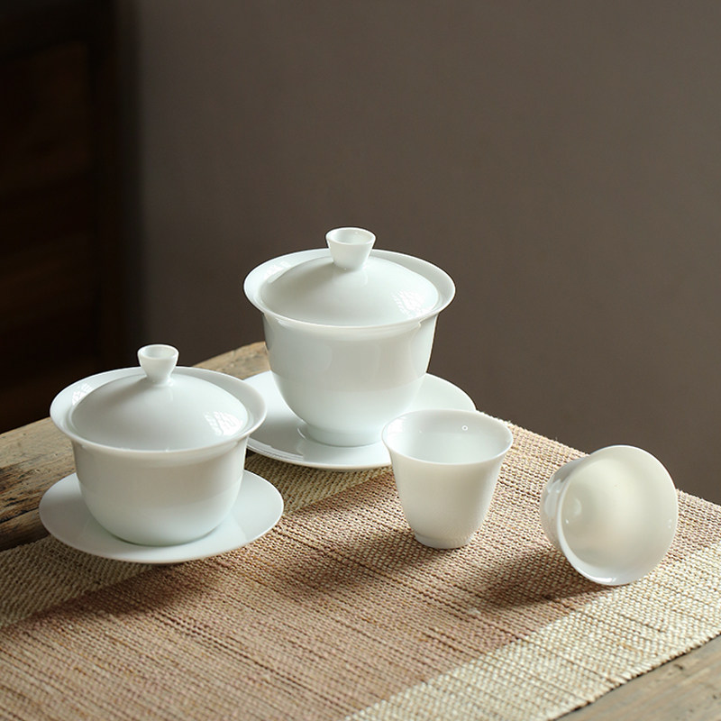 大号玉泥薄胎盖碗白瓷三才茶杯 甜白釉泡茶碗功夫茶具青瓷敬茶碗