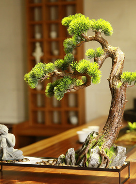 仿真迎客松组合盆景摆件室内假树绿植中式枯山水微景观造景装饰品